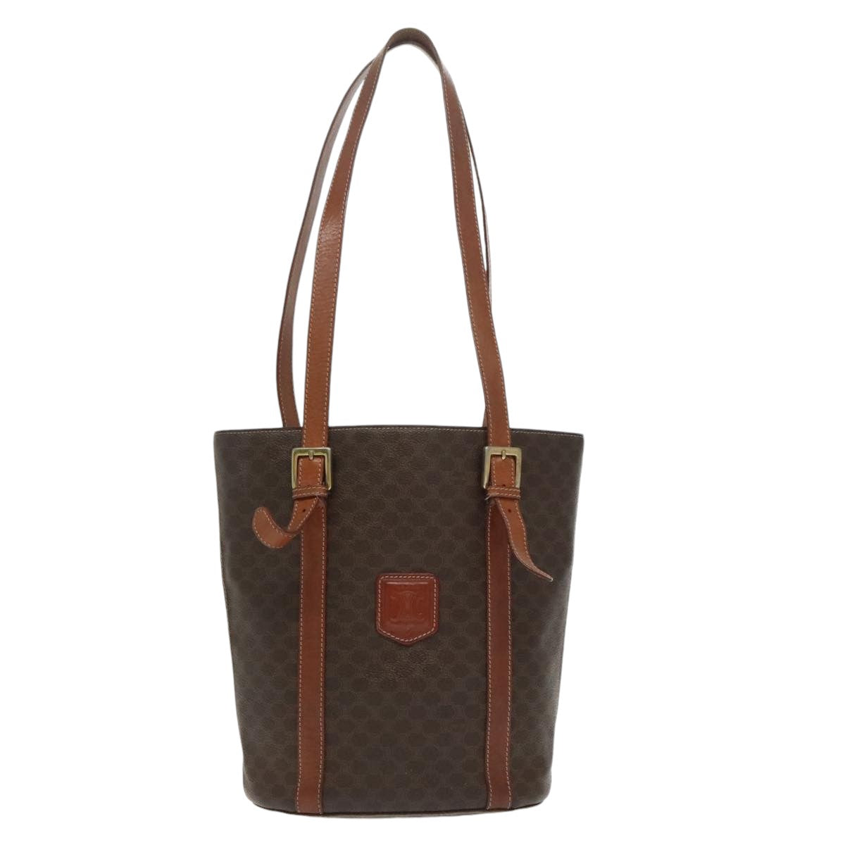 CELINE Macadam Canvas Tote Bag PVC Leather Brown Gold Auth am7209 - 0