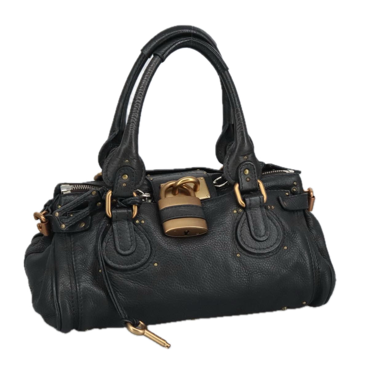 Chloe Paddington Hand Bag Leather Black Gold Silver Auth am7211