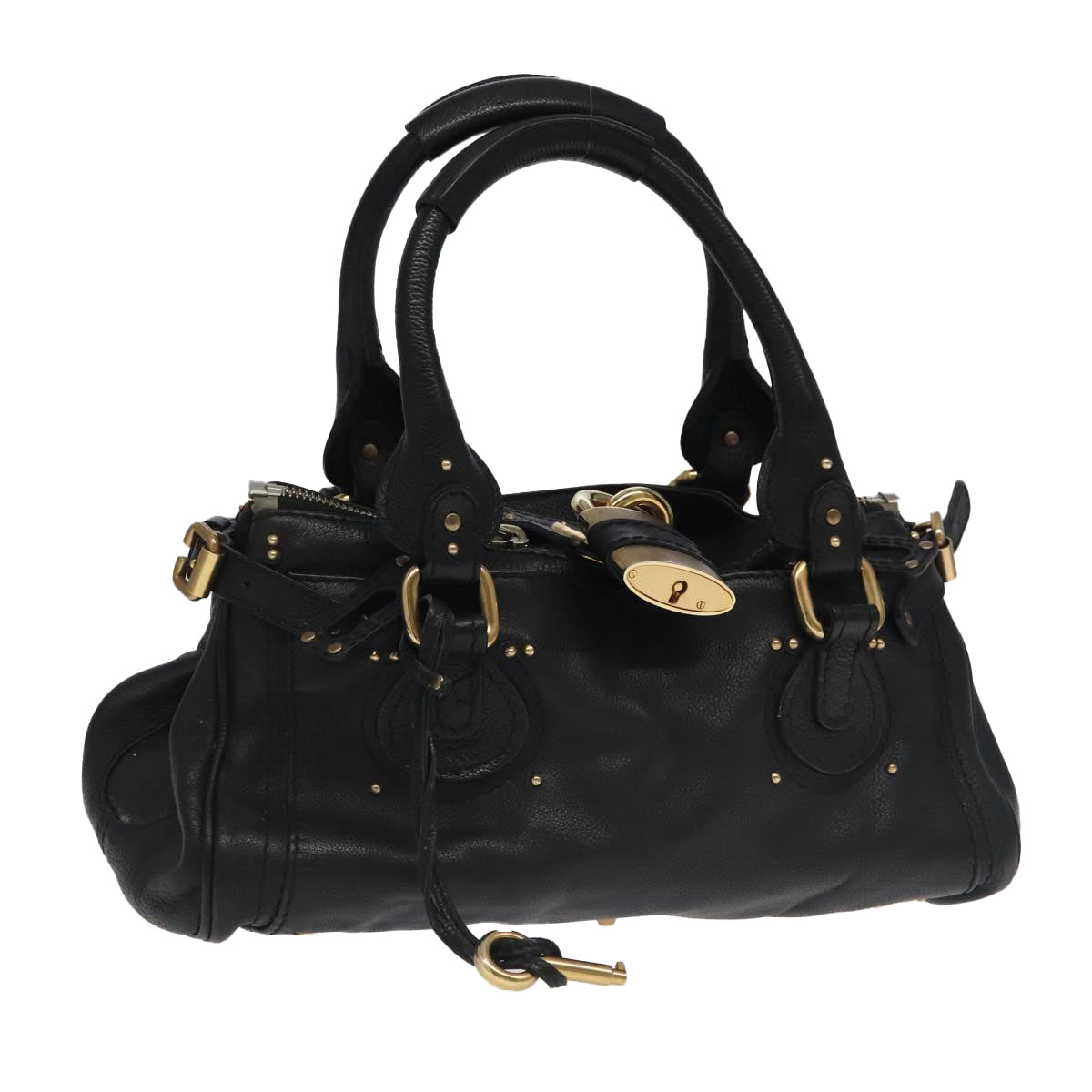 Chloe Paddington Hand Bag Leather Black Gold Silver Auth am7212