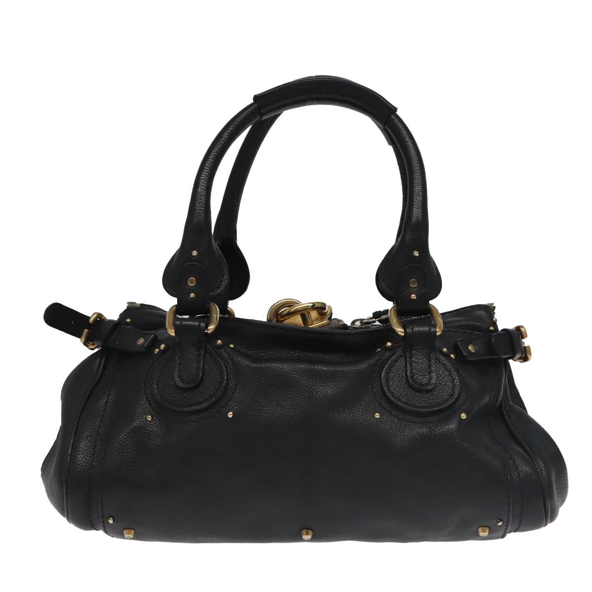 Chloe Paddington Hand Bag Leather Black Gold Silver Auth am7212