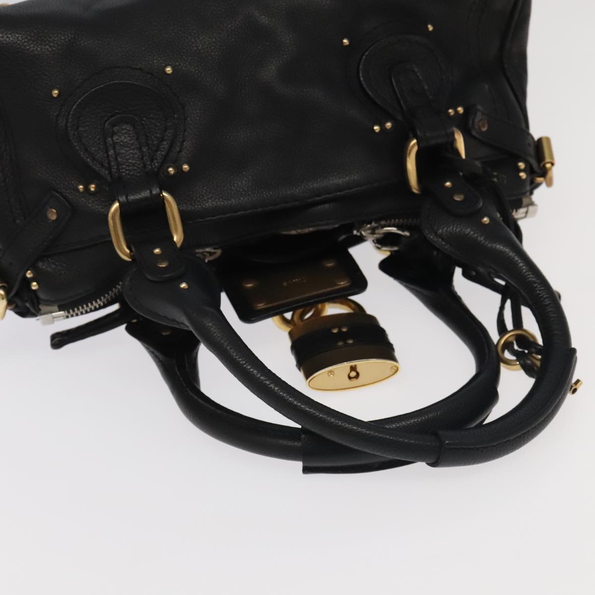 Chloe Paddington Hand Bag Leather Black Gold Silver Auth am7212