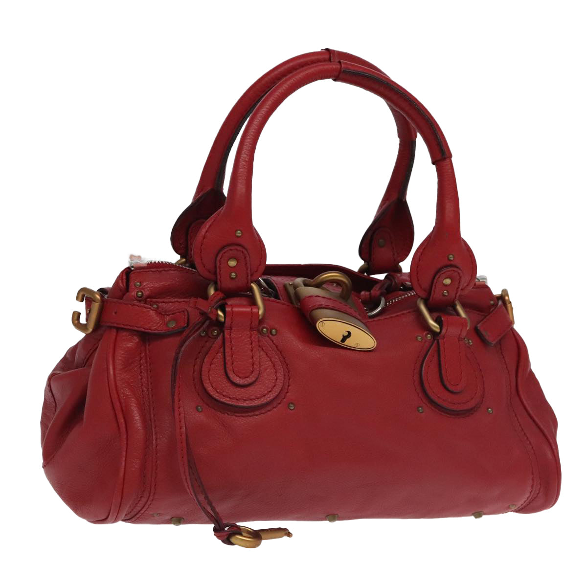 Chloe Paddington Hand Bag Leather Red Gold Silver Auth am7213