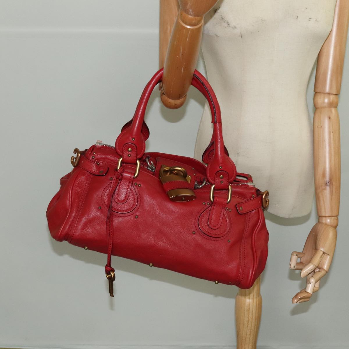 Chloe Paddington Hand Bag Leather Red Gold Silver Auth am7213