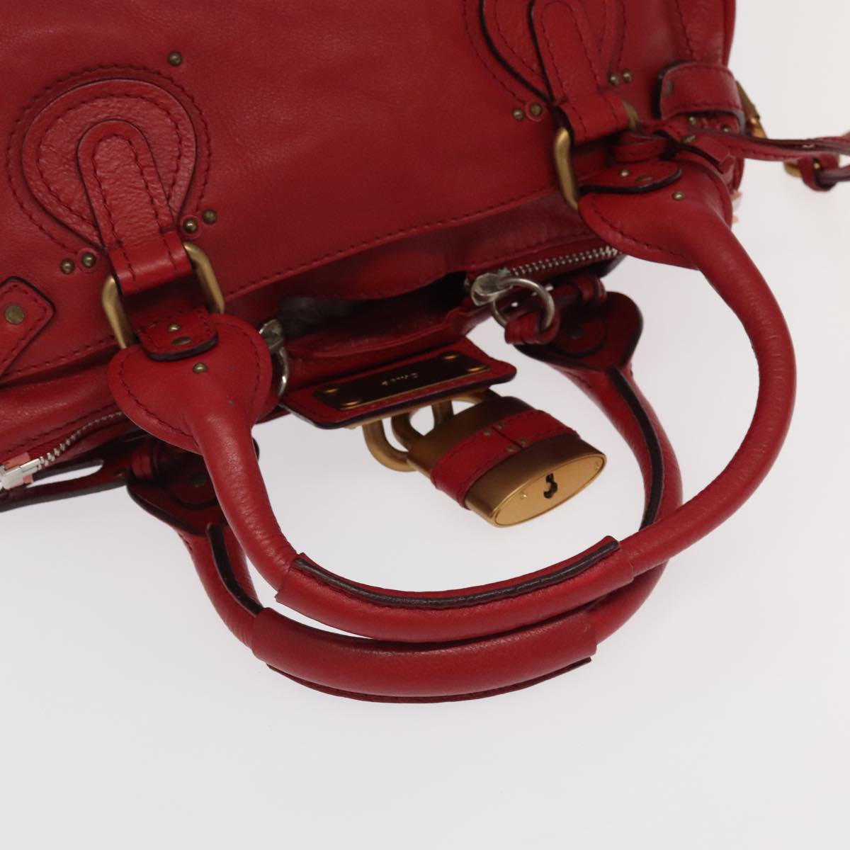 Chloe Paddington Hand Bag Leather Red Gold Silver Auth am7213