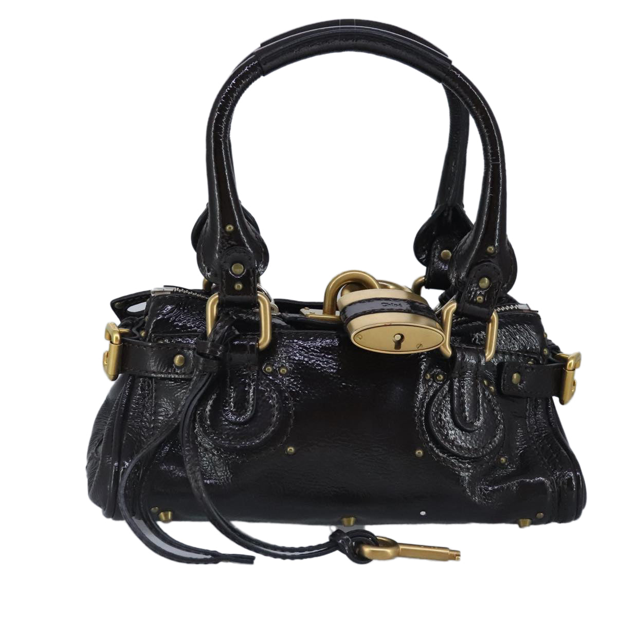 Chloe Paddington Hand Bag Enamel Black Gold Silver Auth am7216 - 0