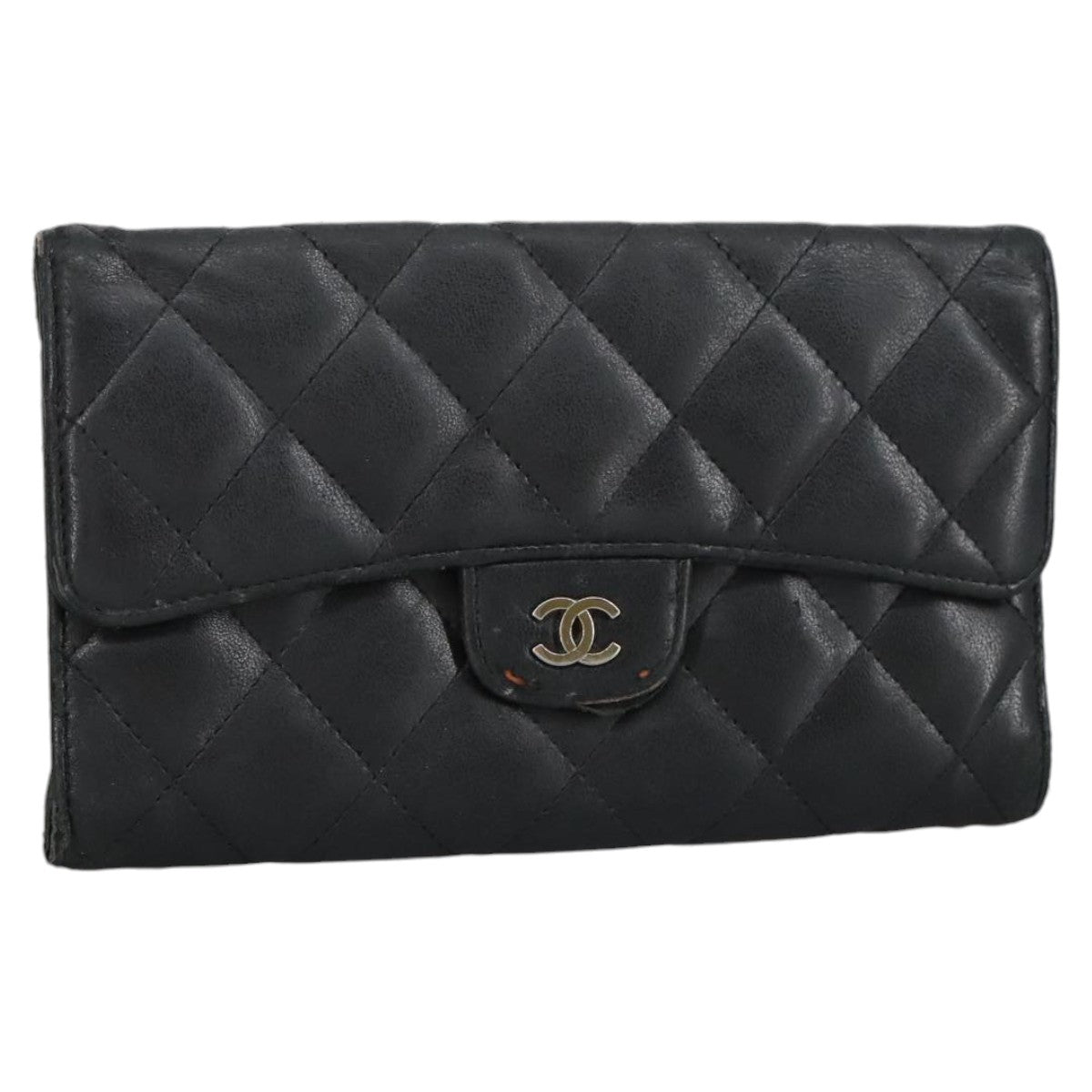 CHANEL Matelasse Long Wallet Lamb Skin Black Silver CC Auth am7222