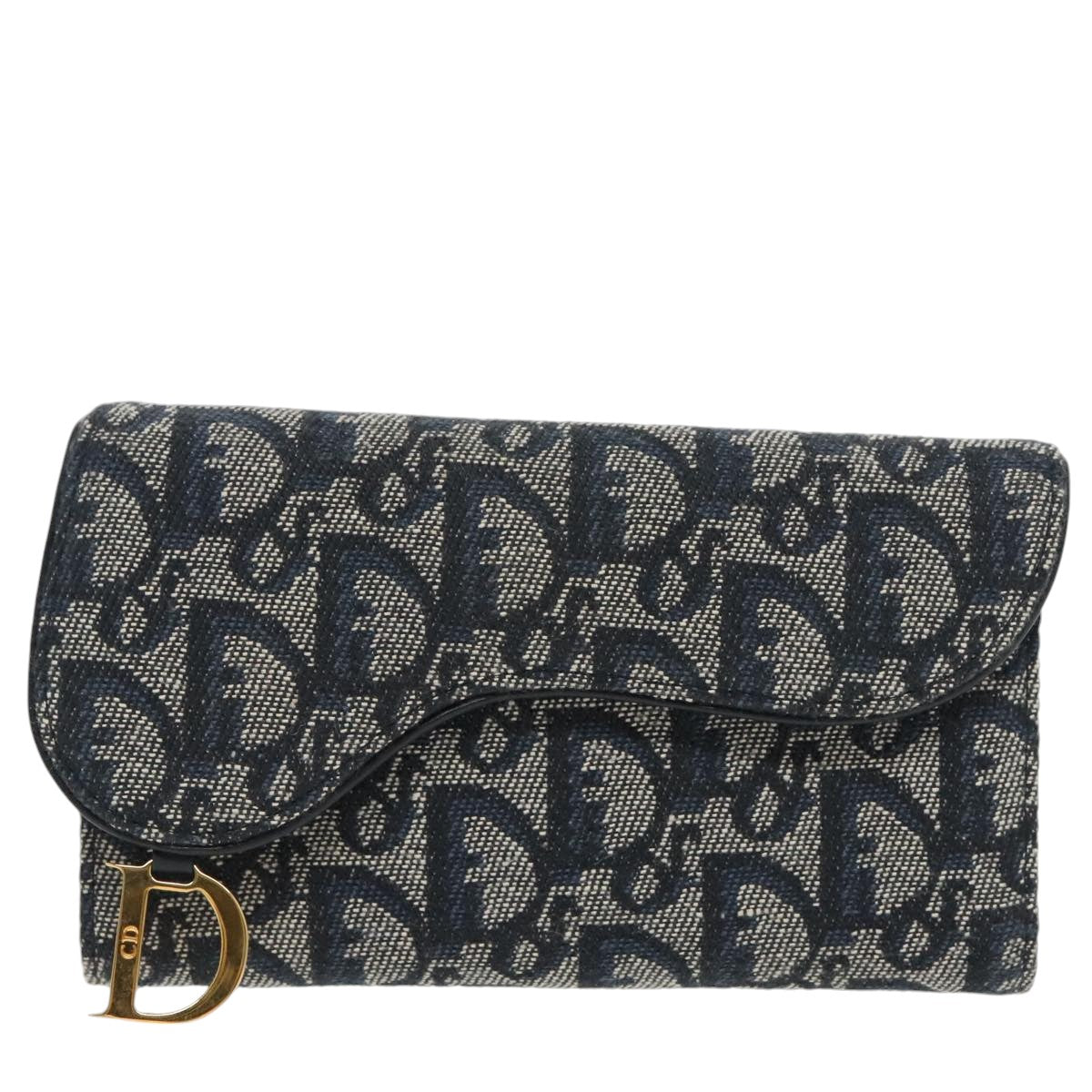 Christian Dior Trotter Canvas Wallet Navy Gold Auth am7239