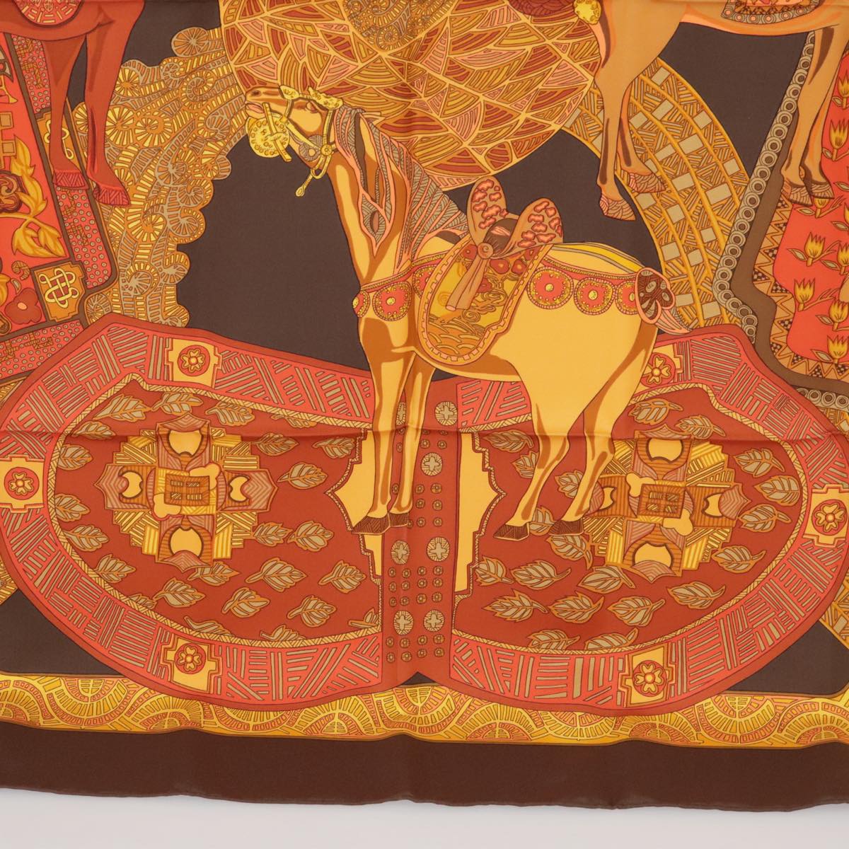 HERMES Carre 90 Scarf ""ART des STEPPES"" Silk Brown Auth am7240