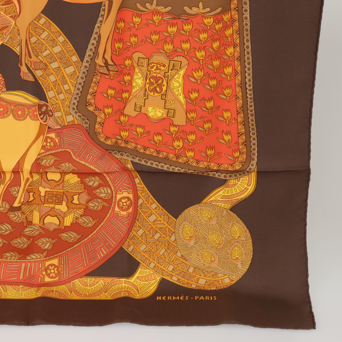 HERMES Carre 90 Scarf ""ART des STEPPES"" Silk Brown Auth am7240