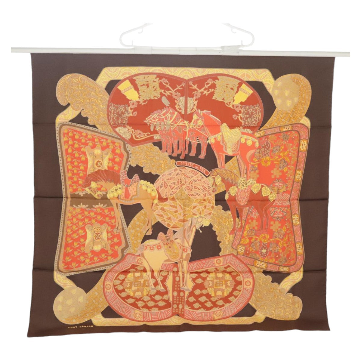 HERMES Carre 90 Scarf ""ART des STEPPES"" Silk Brown Auth am7240 - 0