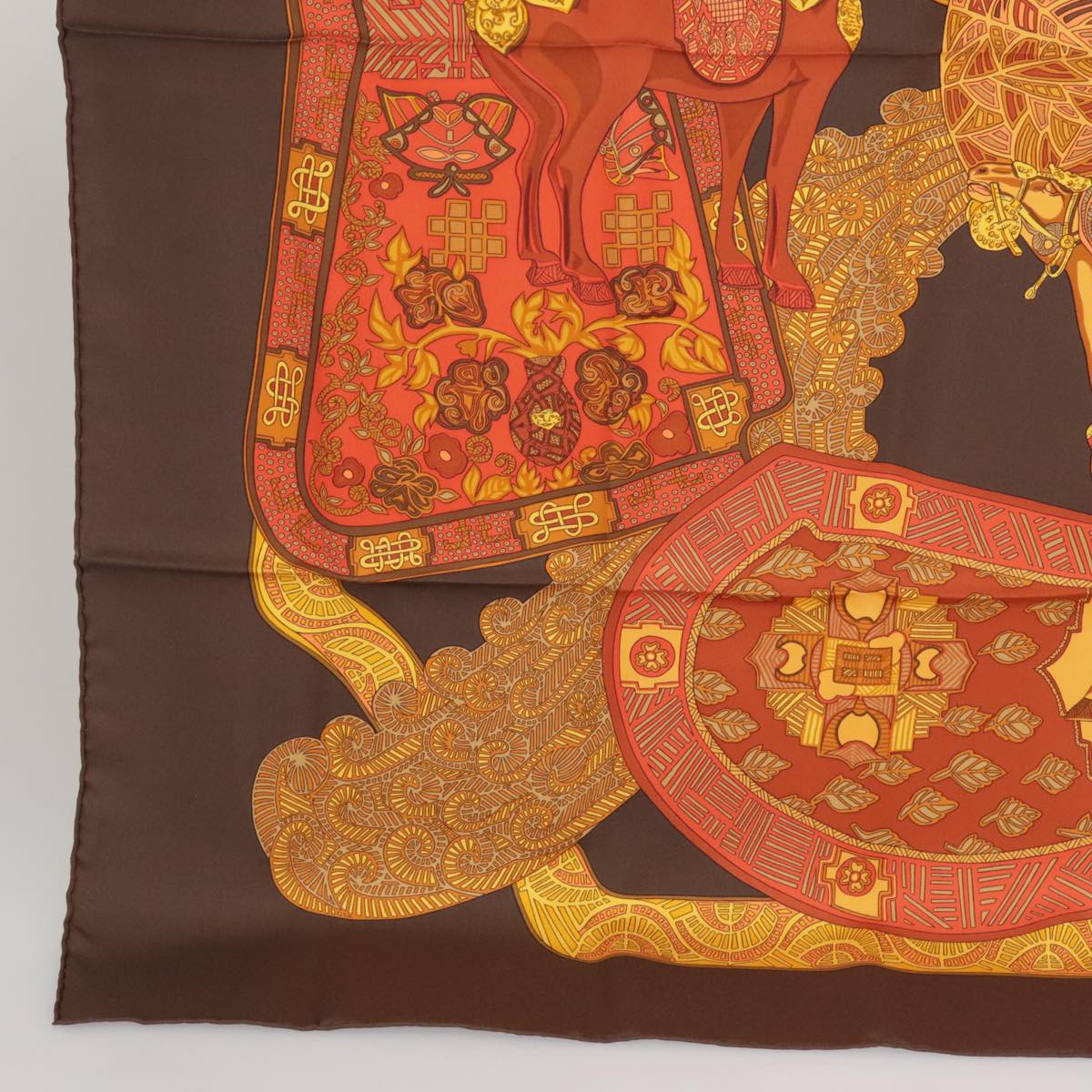 HERMES Carre 90 Scarf ""ART des STEPPES"" Silk Brown Auth am7240