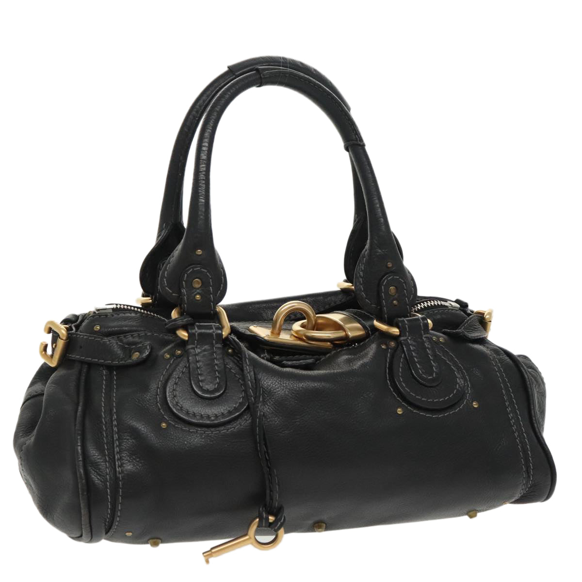 Chloe Paddington Hand Bag Leather Black Gold Silver Auth am7243