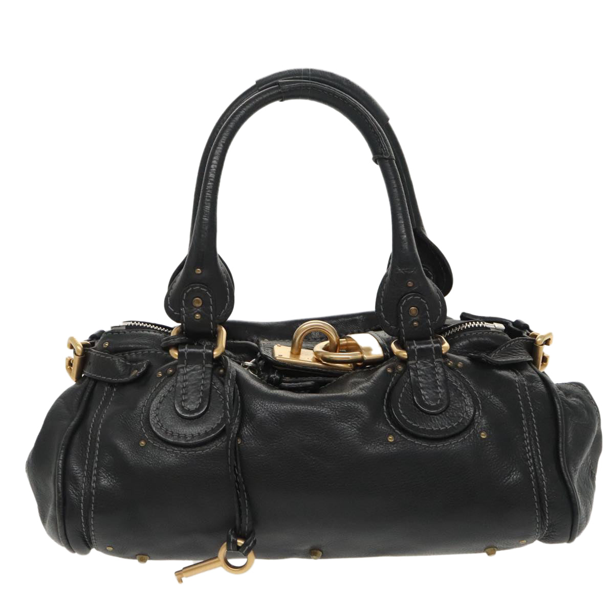 Chloe Paddington Hand Bag Leather Black Gold Silver Auth am7243