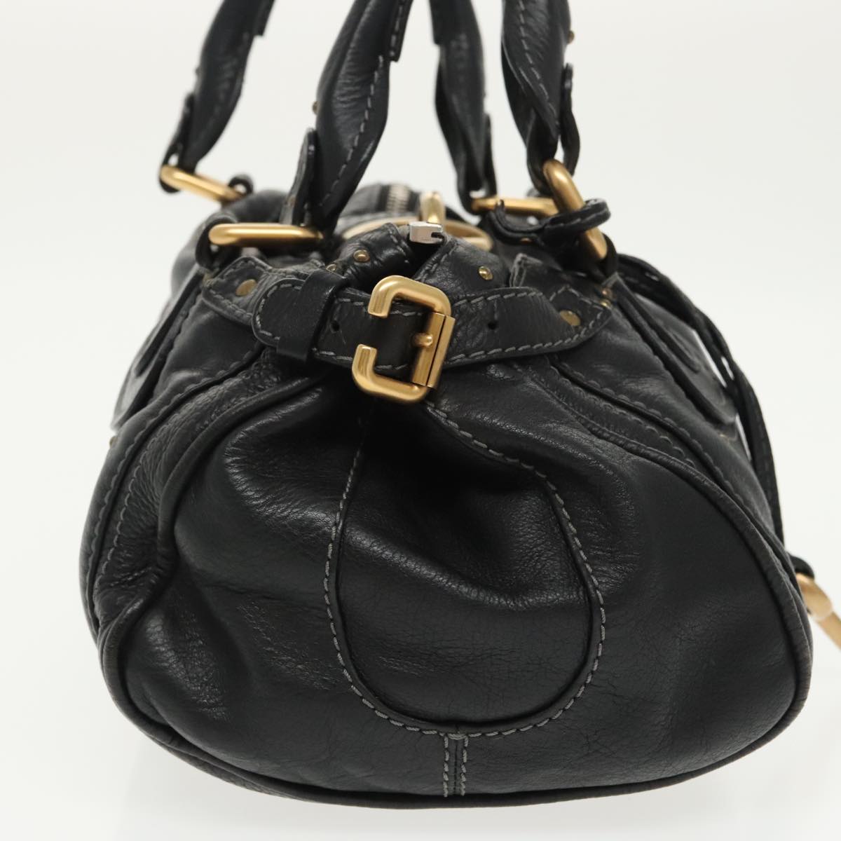 Chloe Paddington Hand Bag Leather Black Gold Silver Auth am7243