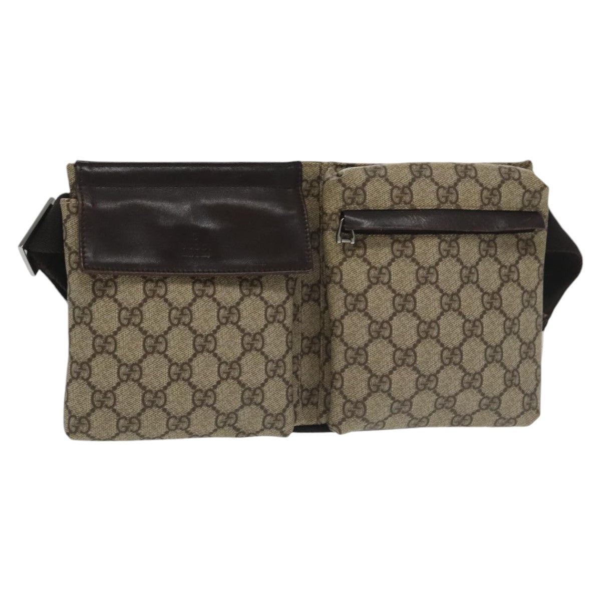 GUCCI GG Supreme Waist Bag PVC Leather Beige Dark Brown Silver 28566 Auth am7267