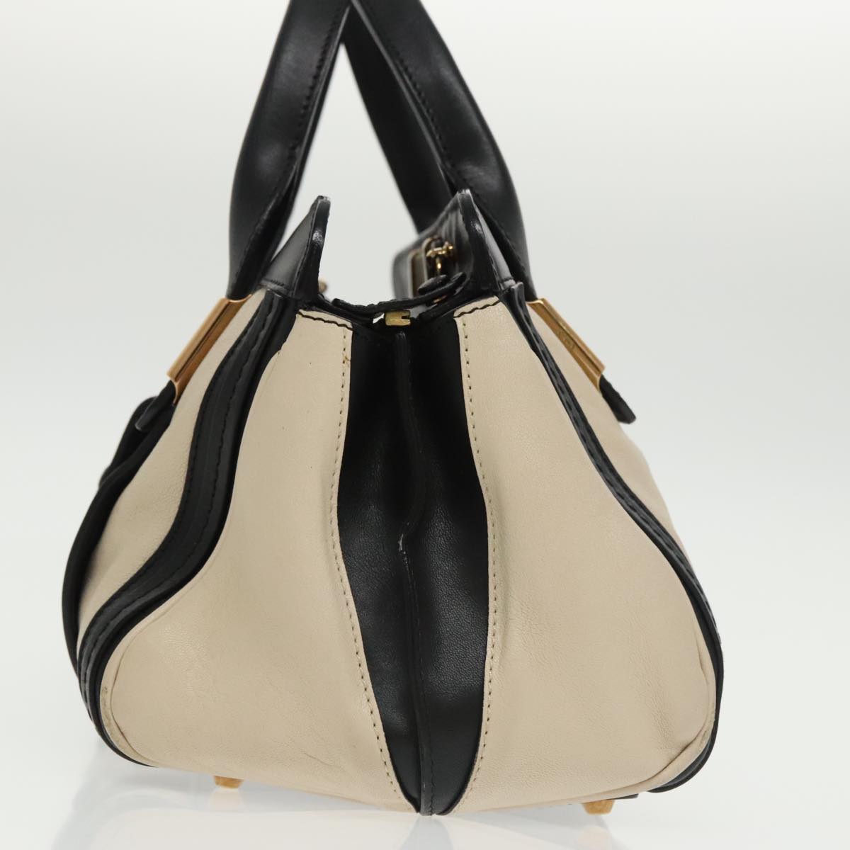 Chloe Hand Bag Leather 2way White Black Gold Auth am7273