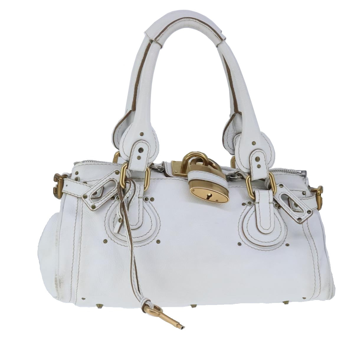 Chloe Paddington Hand Bag Leather White Gold Silver Auth am7275 - 0