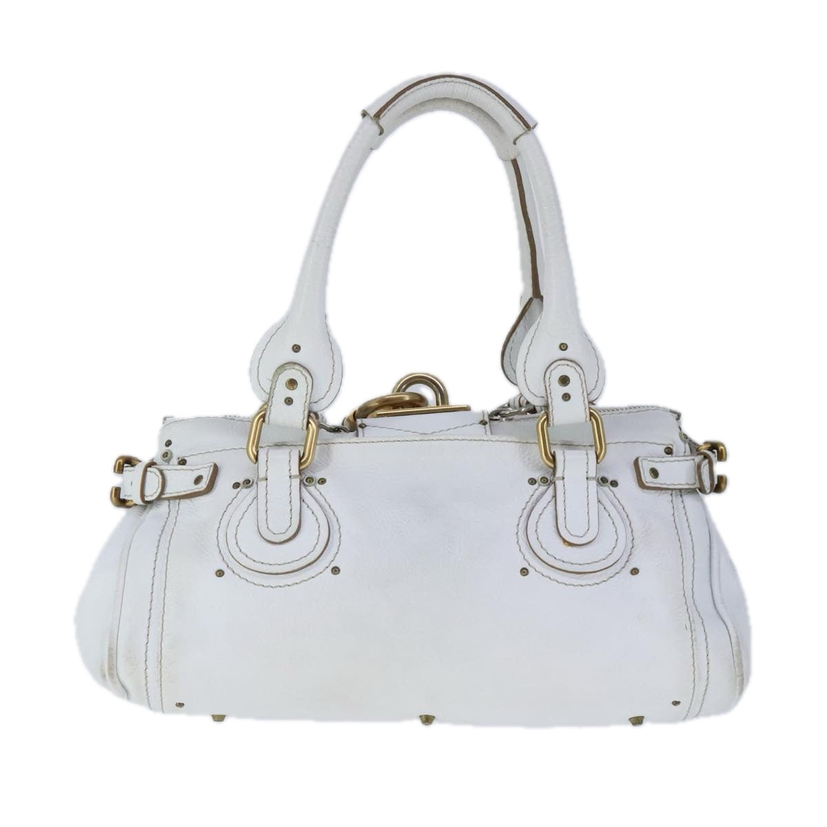 Chloe Paddington Hand Bag Leather White Gold Silver Auth am7275