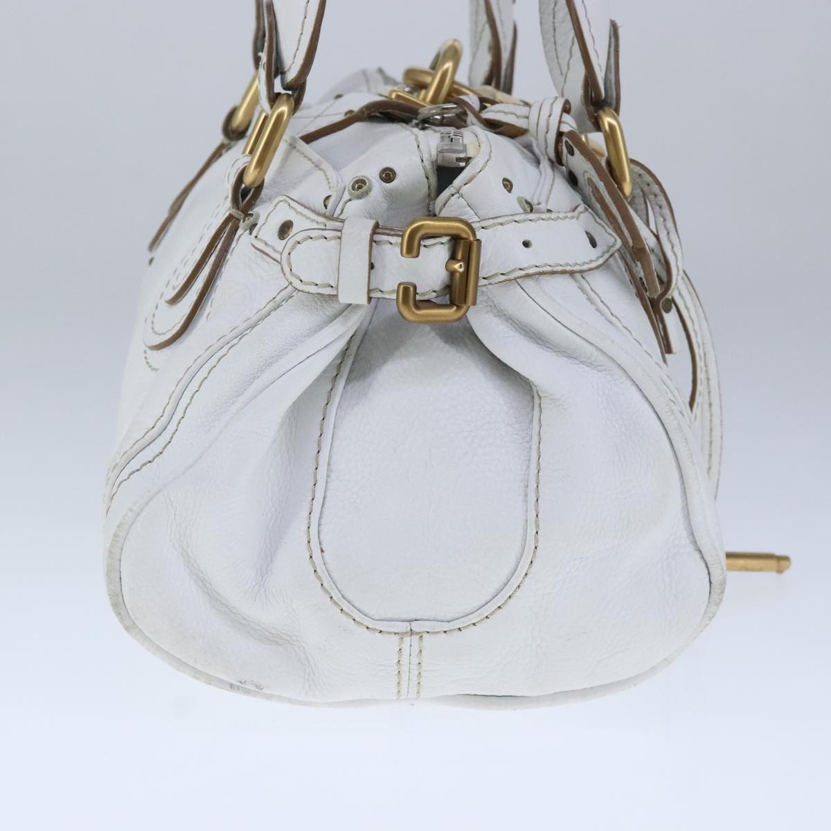 Chloe Paddington Hand Bag Leather White Gold Silver Auth am7275