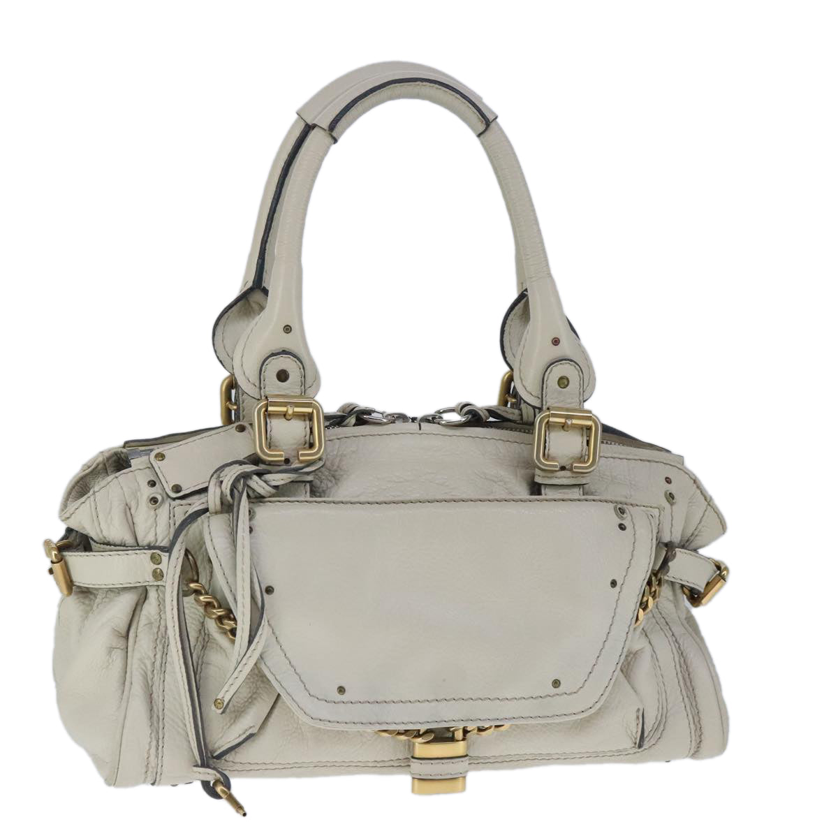 Chloe Paddington Hand Bag Leather White Gold Silver Auth am7276