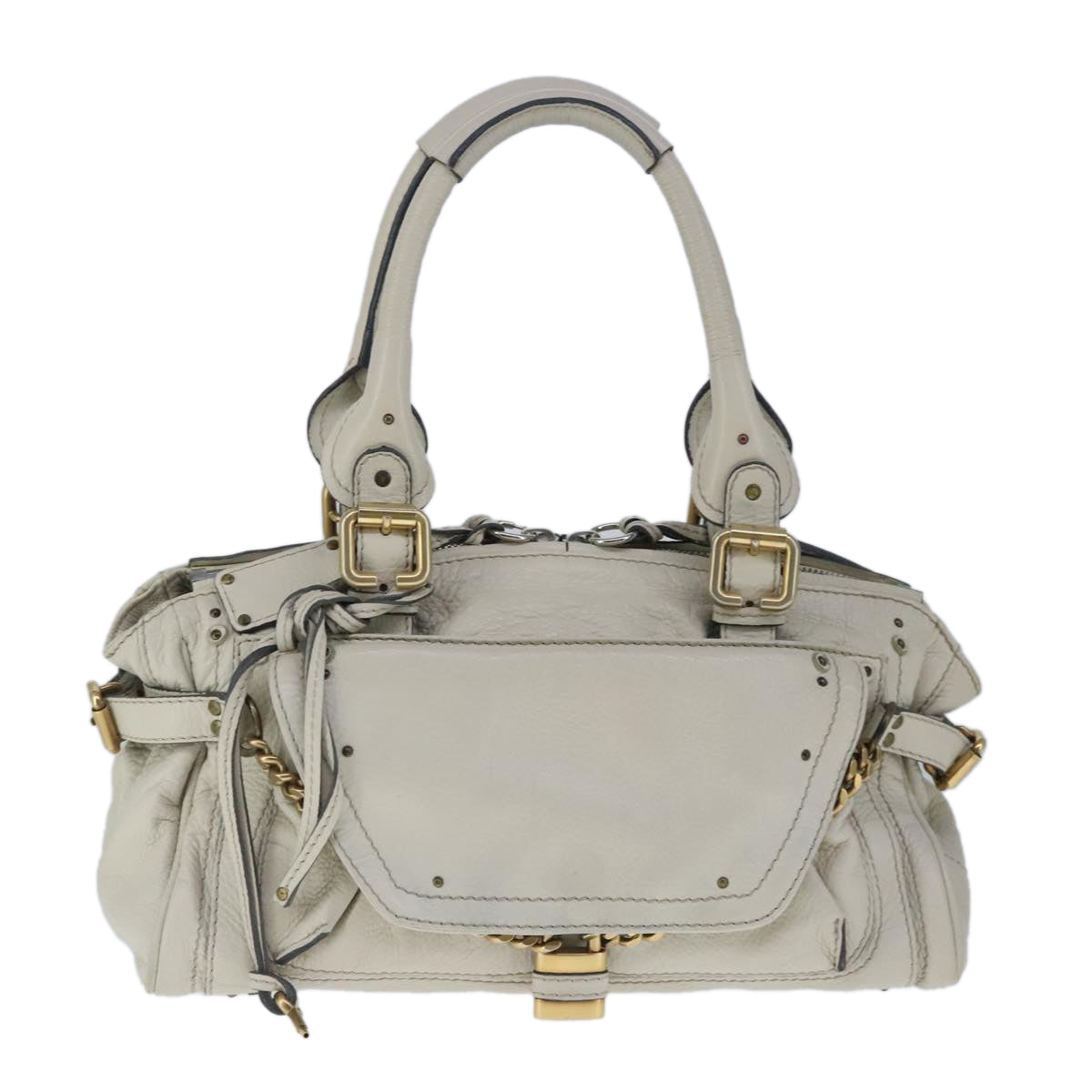 Chloe Paddington Hand Bag Leather White Gold Silver Auth am7276 - 0