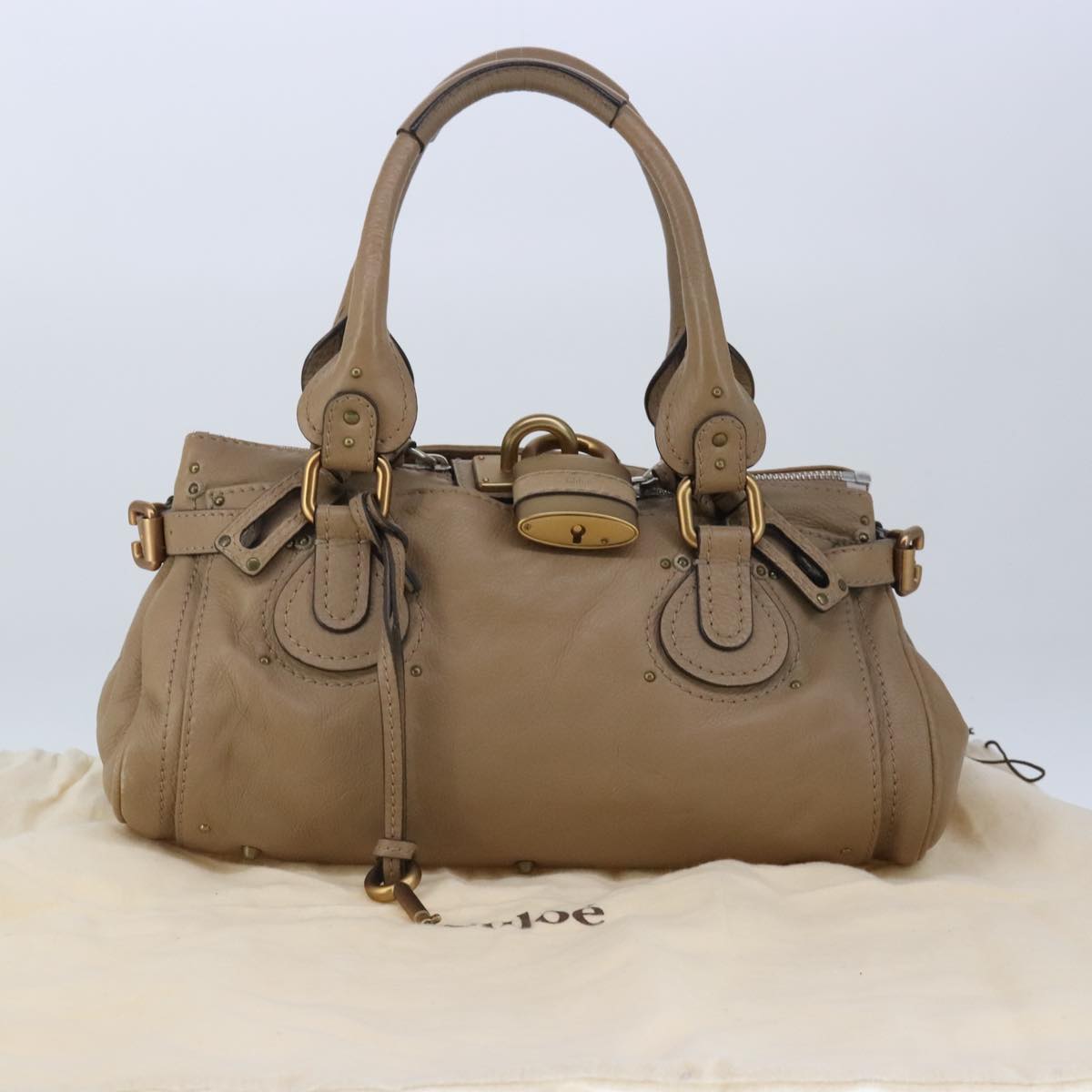 Chloe Paddington Hand Bag Leather Beige Gold Silver Auth am7279