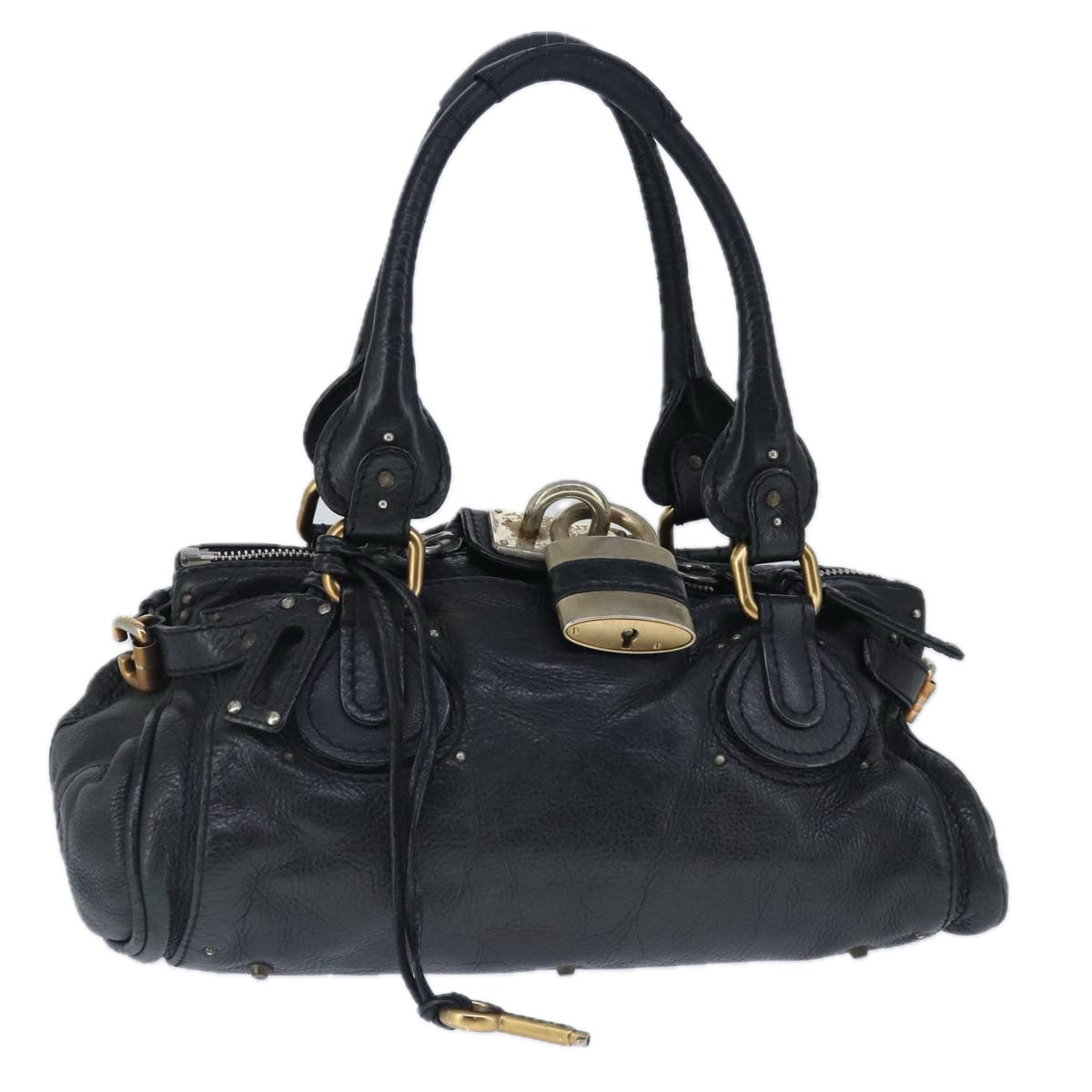 Chloe Paddington Hand Bag Leather Black Gold Silver Auth am7280