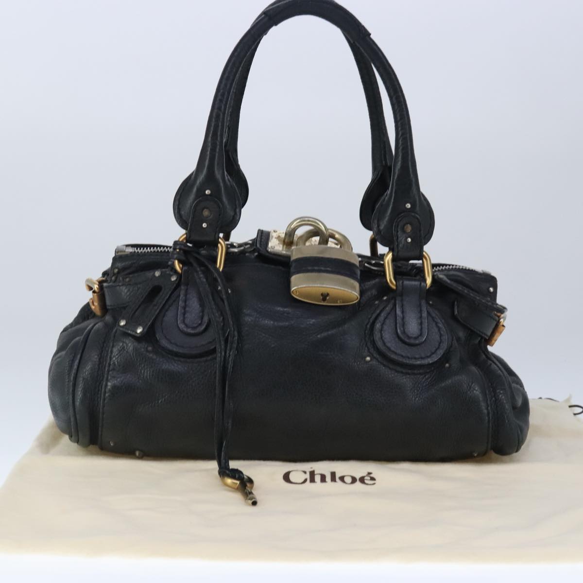 Chloe Paddington Hand Bag Leather Black Gold Silver Auth am7280