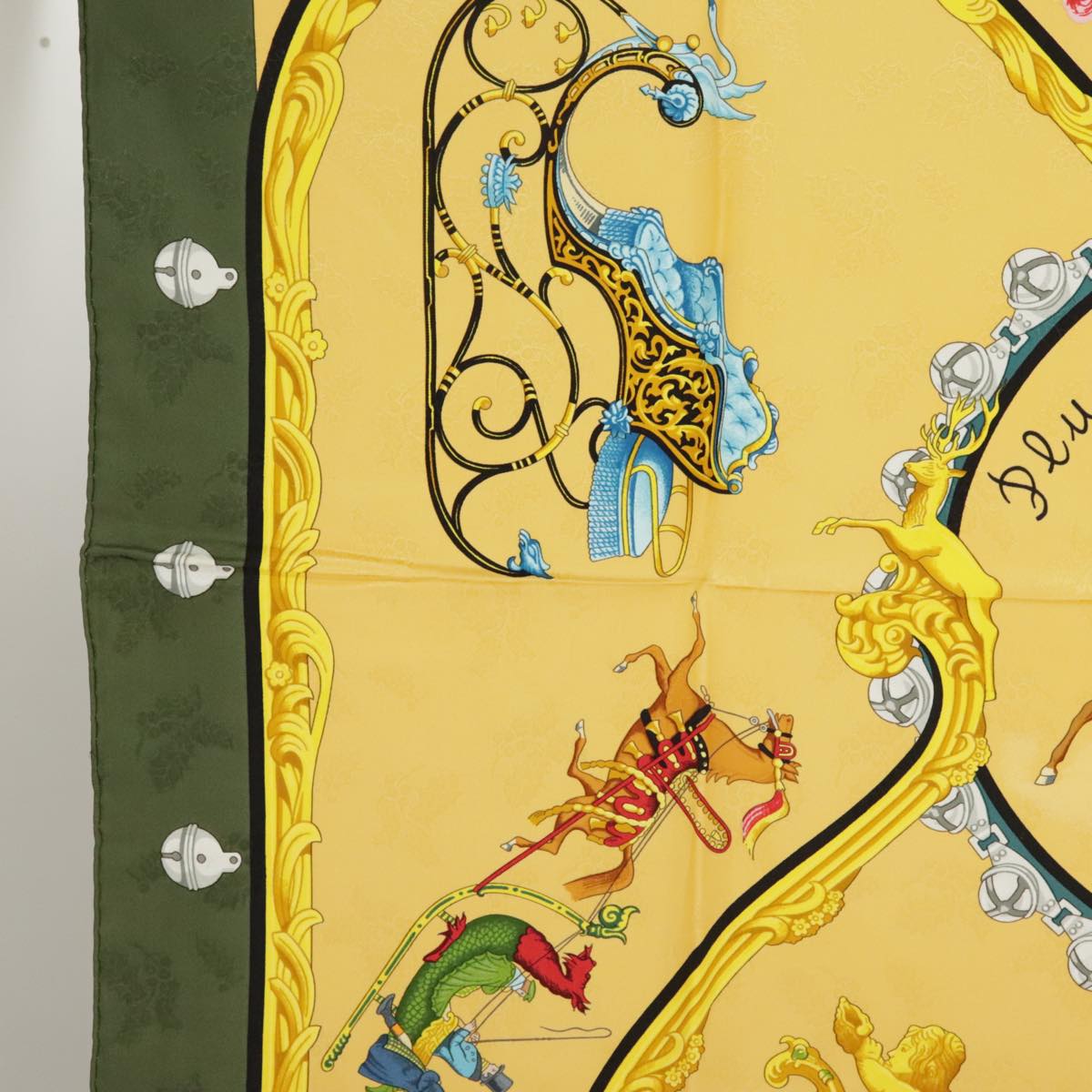 HERMES Carre 90 Scarf ""Plumes et Grelots"" Silk Green Yellow Auth am7285