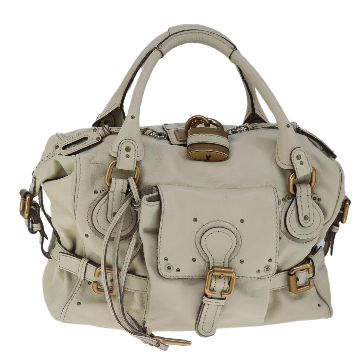 Chloe Paddington Hand Bag Leather Beige Gold Silver Auth am7290