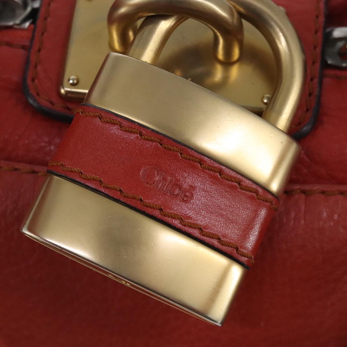 Chloe Paddington Hand Bag Leather Red Gold Silver Auth am7297