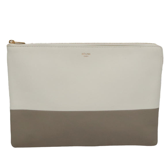 CELINE Clutch Bag Leather Gray White Auth am7315