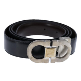 Salvatore Ferragamo Double Gancini Belt Leather 49.6"" Black Auth am7492