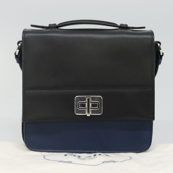 PRADA Shoulder Bag Leather Black Blue Auth am7706