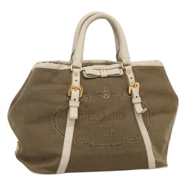 PRADA Hand Bag Canvas Leather Beige White gold Auth am7707