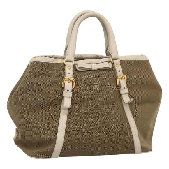 PRADA Hand Bag Canvas Leather Beige White gold Auth am7707