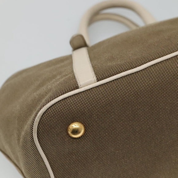 PRADA Hand Bag Canvas Leather Beige White gold Auth am7707