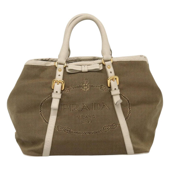 PRADA Hand Bag Canvas Leather Beige White gold Auth am7707