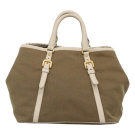 PRADA Hand Bag Canvas Leather Beige White gold Auth am7707 - 0
