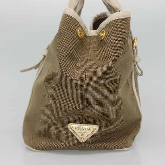 PRADA Hand Bag Canvas Leather Beige White gold Auth am7707