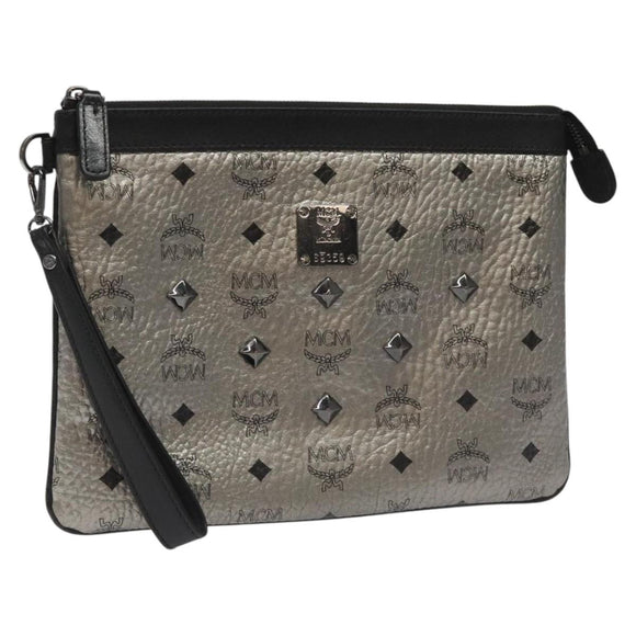 MCM Vicetos Logogram Clutch Bag PVC Leather Silver Auth am7725