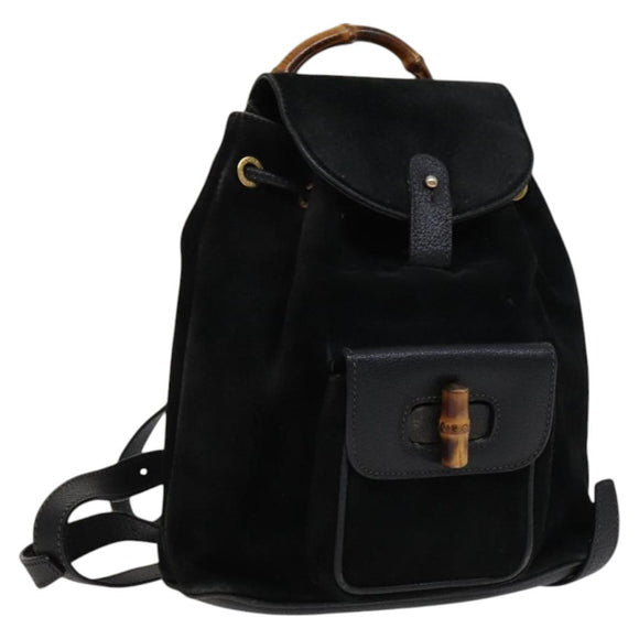 GUCCI Bamboo Backpack Suede Leather Black Gold 003 1705 0030 Auth am7820