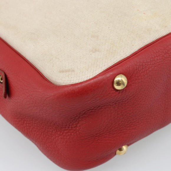 HERMES Victoria Square Hand Bag Coated Canvas Leather Beige Red gold Auth am7833