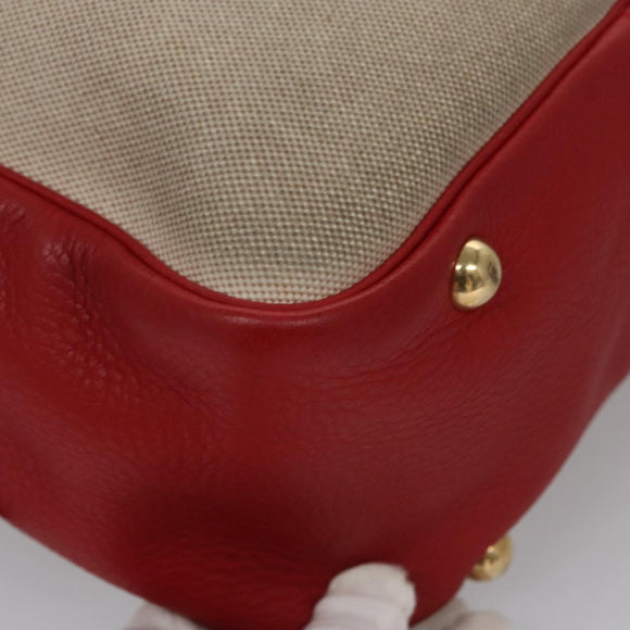 HERMES Victoria Square Hand Bag Coated Canvas Leather Beige Red gold Auth am7833