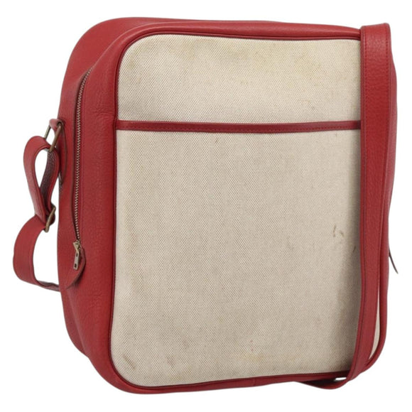 HERMES Victoria Square Hand Bag Coated Canvas Leather Beige Red gold Auth am7833