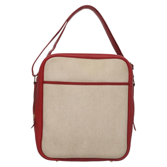 HERMES Victoria Square Hand Bag Coated Canvas Leather Beige Red gold Auth am7833