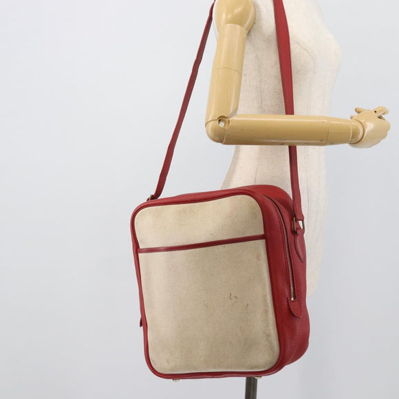 HERMES Victoria Square Hand Bag Coated Canvas Leather Beige Red gold Auth am7833