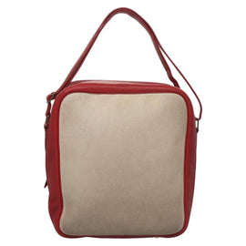 HERMES Victoria Square Hand Bag Coated Canvas Leather Beige Red gold Auth am7833 - 0
