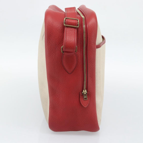 HERMES Victoria Square Hand Bag Coated Canvas Leather Beige Red gold Auth am7833