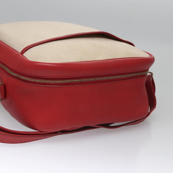HERMES Victoria Square Hand Bag Coated Canvas Leather Beige Red gold Auth am7833